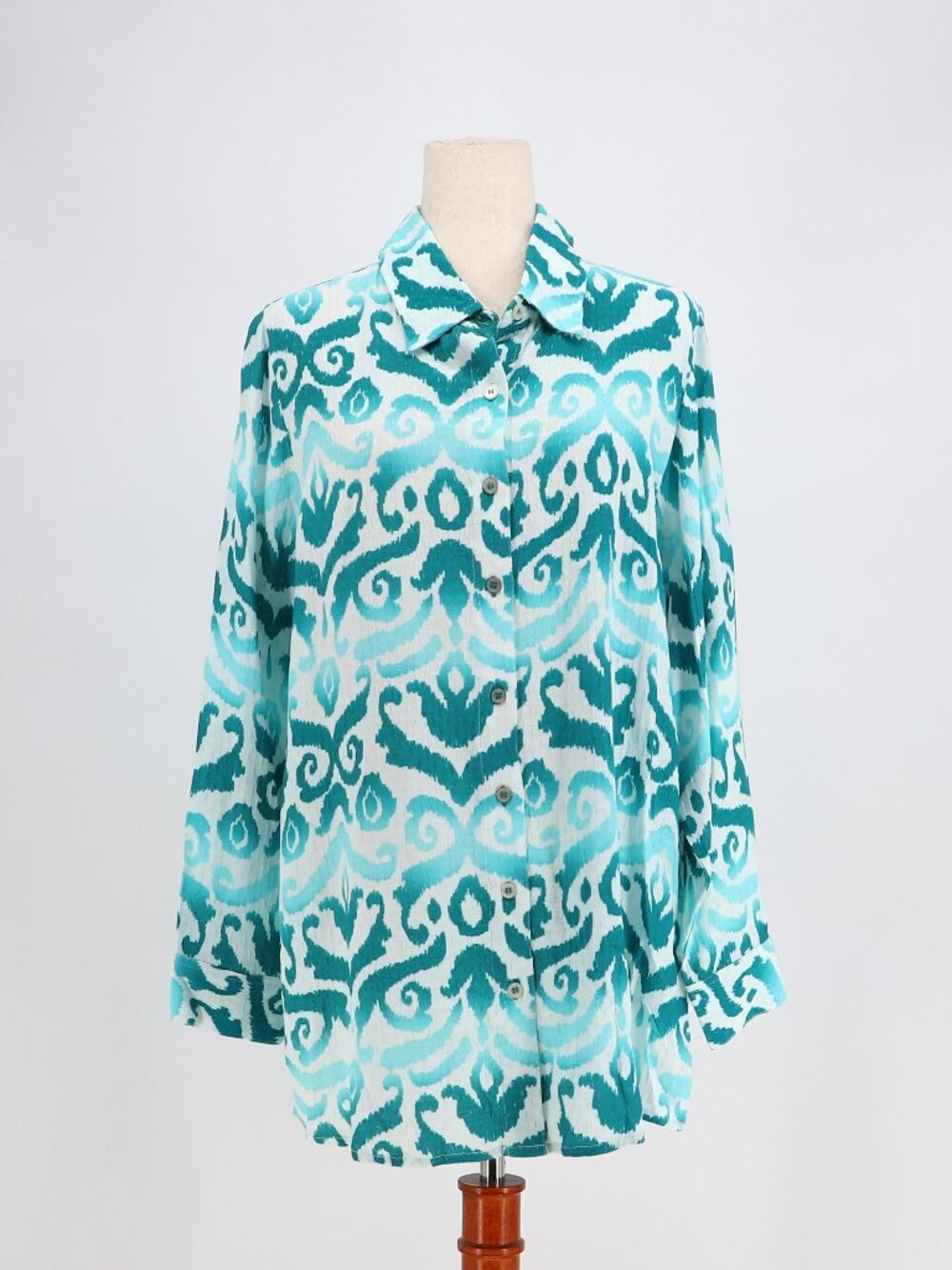 NWOT SOFT SURROUNDINGS Relaxed Fit Turquoise White Ikat Print Tunic Shirt Size M